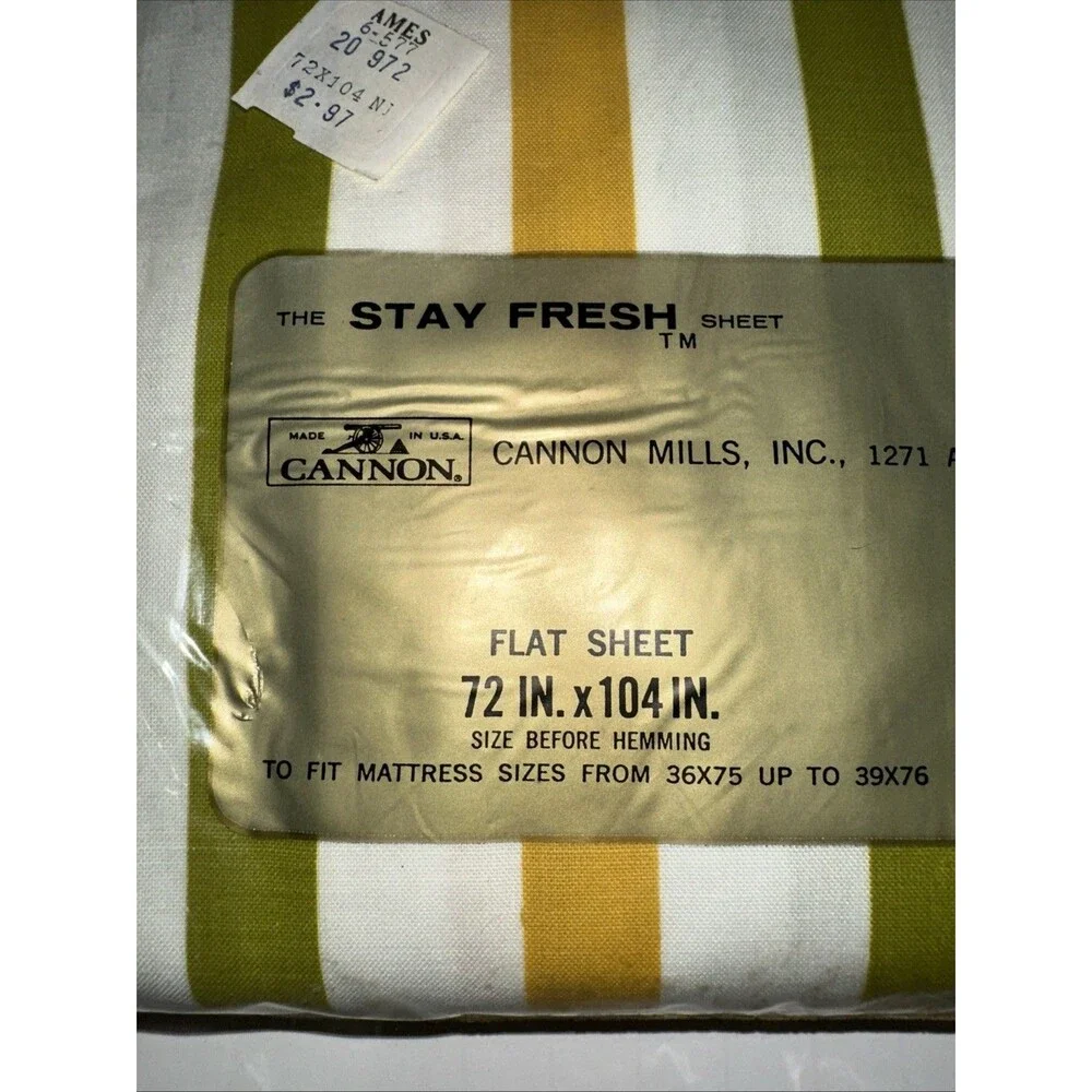 Vtg Cannon Monticello Twin Flat Sheet Green & Yellow Stripes New